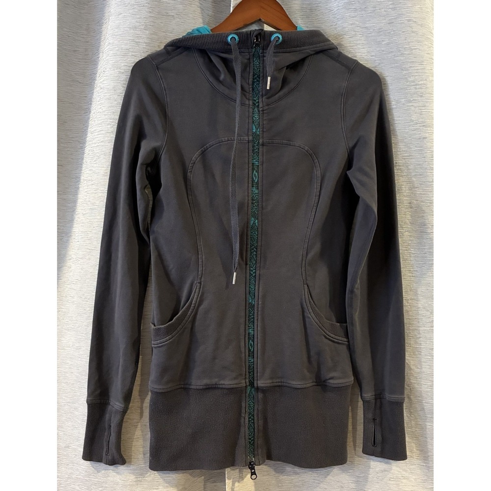 Lululemon Athletica Jacket Live Simply Hoodie Grey Turquoise Zipper Size 6